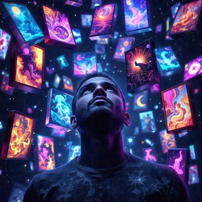 The primary subject of the image is a man with a beard, who is surrounded by a multitude of colorful and abstract images. The setting appears to be a night sky, with the man standing in the middle of the scene. The visual style of the image is a combination of digital art and illustration, creating a vibrant and dynamic atmosphere. The dominant colors in the image are purple, blue, and orange, which contribute to the overall mood of the scene.